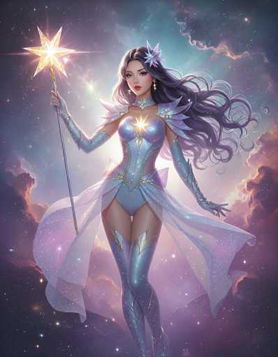 The image depicts a striking, computer-generated female character set against a vibrant, star-filled night sky. She has long, flowing black hair adorned with a silver star on the left side of her head. Her attire is a form-fitting, light blue dress with a purple hue, featuring a prominent star on her chest. The dress includes a cape-like skirt that flows behind her, and she wears matching blue stockings with gold trim. Her ensemble is complemented by long gloves that extend to her elbows, also adorned with silver stars. She holds a silver staff topped with a large, glowing yellow star in her right hand. The background is a mesmerizing blend of dark blue, purple, and pink hues, dotted with numerous stars, creating an ethereal, cosmic atmosphere.