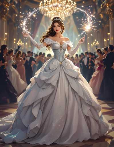The image depicts a computer-generated scene reminiscent of Cinderella, featuring a young woman in a grand ballroom. She is wearing an elaborate, off-the-shoulder white gown with a corset-like bodice and a voluminous skirt adorned with sparkles. Her long, curly brown hair cascades down her back, and she wears a tiara or crown on her head. In each hand, she holds a sparkler, with the sparks arcing towards each other above her head, forming a heart shape. The ballroom is filled with elegantly dressed men in tuxedos and women in long gowns, all facing away from the camera, seemingly captivated by the woman in the center. The floor is tiled in a diamond pattern, and a grand chandelier hangs from the ceiling, adding to the opulent atmosphere. The scene is rich in detail, capturing the magical and enchanting essence of a fairy tale ball.