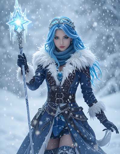 The image depicts a young woman with long, wavy blue hair, adorned with a silver tiara that features a prominent jewel at its center. She is dressed in a blue outfit that includes a fur-trimmed collar and cuffs, a blue scarf, and a blue skirt. Her attire is accentuated with black leather straps and buckles, and she wears blue gloves. The woman holds a silver staff topped with a glowing blue star, which appears to be emitting light. The background is a snowy landscape with falling snow, adding to the wintry atmosphere. The overall scene is reminiscent of a fantasy or anime character, possibly from a game or movie, with a magical and ethereal quality.