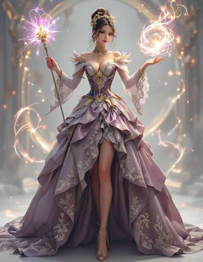 The image depicts a highly detailed, computer-generated scene of a young woman, possibly in her late teens or early twenties, standing in a grand, fantasy-like setting. She is adorned in a luxurious, lavender-colored dress with intricate gold embroidery, featuring a low-cut neckline and a corset-like bodice. The dress is voluminous, with a high slit revealing her left leg, and is complemented by long, flowing sleeves and a train that extends behind her.

Her hair is styled in an elegant updo, with a few loose strands framing her face, and she wears a tiara or crown. The woman's expression is serene, with a slight smile as she gazes directly at the viewer. In her right hand, she holds a golden scepter topped with a glowing, purple and white star, from which sparks and swirls of light emanate. Her left hand is raised, palm facing outward, with a glowing, white and yellow orb of light hovering above it.

The background is a muted gray, with a large, ornate golden archway behind her, adding to the grandeur of the scene. The overall atmosphere is one of fantasy and elegance, reminiscent of a character from a high-end video game or a fantasy movie.