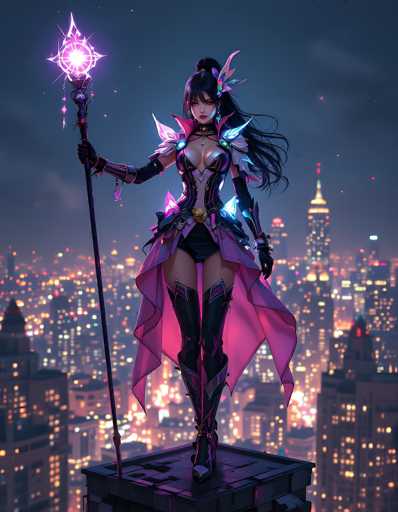 In this captivating image, a striking female character stands poised atop a rooftop, exuding an aura of power and elegance. She is adorned in a sleek black outfit that accentuates her figure, complemented by a flowing pink cape that adds a touch of regality to her ensemble. Her long black hair cascades down, framing her face, and she wears a delicate flower in her hair, adding a hint of natural beauty to her fierce appearance.

In her right hand, she wields a staff that emits a mesmerizing purple light, casting an ethereal glow around her. The background reveals a sprawling cityscape, with numerous buildings illuminated by countless lights, creating a dazzling urban panorama. The night sky above is a deep, dark blue, providing a dramatic backdrop that enhances the overall mystical and enchanting atmosphere of the scene.