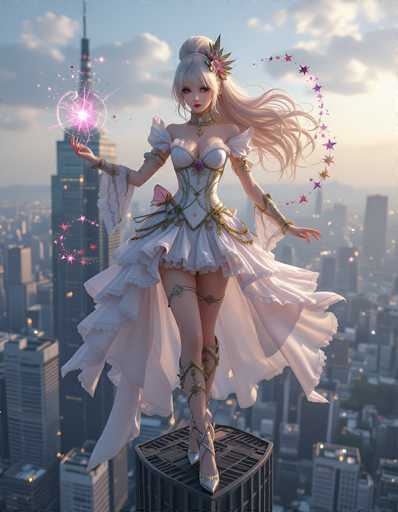 The image depicts a highly detailed, computer-generated scene of a young woman standing atop a skyscraper in a futuristic city. She is dressed in an elaborate, white outfit that combines elements of a corset, dress, and skirt, adorned with intricate gold and silver embellishments. Her attire includes a choker necklace with a green gem, a purple heart-shaped brooch on her chest, and golden straps around her legs and arms. Her long, flowing blonde hair is styled in a bun with bangs, and she wears white high heels. The woman's right hand is extended, emitting a glowing pink starburst, while her left hand is positioned behind her. Surrounding her are numerous stars and sparkles, adding a magical aura to the scene. The cityscape in the background features tall skyscrapers with a mix of gray and white buildings, some with yellow lights, under a blue sky dotted with white clouds. The overall composition suggests a blend of fantasy and science fiction elements, reminiscent of a video game or animated movie setting.