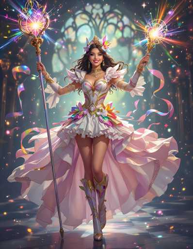The image depicts a vibrant, fantasy-themed scene featuring a young woman who appears to be a princess or enchantress. She stands confidently, holding a scepter in her right hand and a wand in her left. Her attire is a striking combination of a short, white dress with a pink, fluffy skirt that billows out around her, adorned with intricate gold and purple details. The dress has a corset-like bodice with puffy sleeves and a gold belt. She wears knee-high boots that are white with pink accents and gold trim. Her long, dark hair cascades down her back, and she wears a golden crown decorated with flowers. The background is a dark, almost black, with a large, ornate stained glass window behind her, featuring a blue center and a gold frame. Surrounding her are vibrant, magical elements like ribbons, stars, and swirls of pink, purple, and blue, adding to the enchanting atmosphere of the scene.
