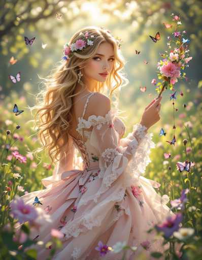 In this enchanting, AI-generated image, a young woman with long, wavy blonde hair adorned with pink and white flowers sits gracefully in a lush field of vibrant pink and purple flowers. Her hair cascades down her back, partially obscuring her elegant, off-the-shoulder pink dress, which features intricate white lace detailing on the sleeves and bottom. The dress, reminiscent of a ball gown, is form-fitting and adds to her ethereal appearance. She holds a bouquet of flowers in her left hand, from which delicate butterflies emerge, fluttering around her. Her right hand is raised, displaying a ring on her finger. The background is a soft blur of green foliage and trees, with sunlight filtering through, casting a warm glow over the scene. The woman's head is turned slightly to the right, her blue eyes gazing directly at the viewer, while her body faces away, adding a touch of mystery to her serene presence.