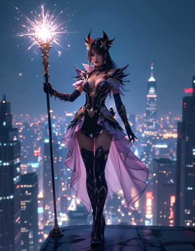 A stunning digital painting of a fantasy warrior woman standing on a rooftop overlooking a futuristic cityscape at night. She holds a glowing magic staff with a sparkling orb, dressed in an elaborate dark purple and black fantasy outfit with intricate details. The background is a vibrant cityscape with glowing windows, creating a dramatic and magical atmosphere. Her pose is confident and powerful, emphasizing her role as a skilled magic user or warrior. The overall style is detailed and fantastical, with a focus on lighting and color to create a captivating image.