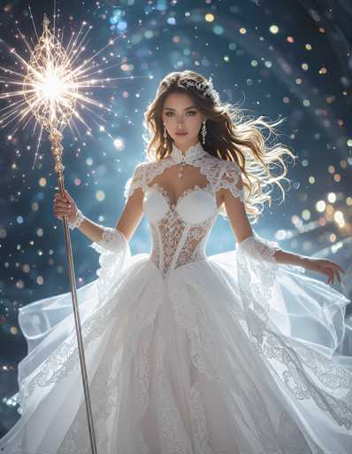 This image features a young woman, likely in her late teens or early twenties, dressed in an elaborate, white wedding gown. The gown is adorned with intricate lace details, including a deep V-neckline that reveals a significant portion of her chest, and a lace bodice with a cutout in the middle. The dress has a voluminous, flowing skirt and long sleeves that extend to her elbows, each sleeve embellished with lace. She wears a delicate tiara and long, dangly earrings that complement her elegant appearance. Her long, wavy brown hair cascades down her back, and she holds a silver scepter topped with a glowing, star-like ornament in her right hand. The background is a dark blue, almost black, filled with sparkling lights and stars, creating a magical, ethereal atmosphere. The woman gazes directly at the camera with a serene expression, her lips slightly parted, adding to the enchanting and dreamlike quality of the scene.