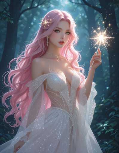 A beautiful, ethereal fantasy illustration of a young woman with long, flowing, vibrant pink hair. She is wearing a shimmering white gown adorned with sparkling details and delicate silver accents. Her expression is serene, and she holds a glowing, star-like object in her outstretched hand. The background is a softly blurred forest scene with deep blues and greens, suggesting a magical or enchanted setting. The overall style is digital painting, emphasizing soft lighting and intricate details.