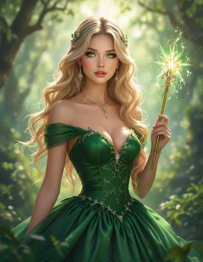 The image depicts a computer-generated, photorealistic portrayal of a young woman with long, wavy blonde hair adorned with green leaves. She has striking green eyes, pink lips, and is wearing a low-cut, emerald green dress with intricate gold embroidery and a corset-like bodice. The dress features a V-neckline and a voluminous skirt that flares out at the bottom. She accessorizes with a gold necklace that has a cross pendant, dangling green earrings, and a gold bracelet on her left wrist. In her left hand, she holds a golden scepter topped with a glowing, star-like light. The background is a blurred forest scene with sunlight filtering through the trees, creating a mystical atmosphere. The woman's pose is elegant, with her right arm resting by her side and her left arm bent at the elbow, holding the scepter.