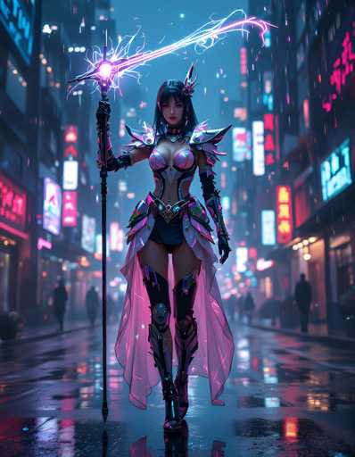 A detailed, vibrant digital painting of a powerful female warrior in a futuristic cyberpunk setting. She stands confidently in the middle of a rain-slicked, neon-lit city street, holding a glowing energy staff. The warrior is clad in an ornate, futuristic armor with intricate details and glowing accents of purple and pink. Her long black hair is styled in a dramatic fashion, and she has a determined expression on her face. The background features blurred figures of people walking in the rain and towering neon signs, creating a sense of depth and atmosphere. The overall style is highly detailed and fantastical, with a focus on dynamic lighting and vibrant colors.