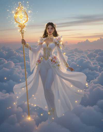 The image depicts a highly detailed, computer-generated scene of a young woman, possibly a character from a video game or an anime, standing amidst a sea of clouds with a sunset in the background. She is adorned in a flowing white dress with intricate gold accents, including a corset-like bodice and a cape that billows around her. Her long, dark hair is elegantly styled, and she wears a floral crown. In her right hand, she holds a golden scepter that emits a magical light, adding to the ethereal atmosphere of the scene. The overall composition suggests a fantasy setting, with the woman appearing almost angelic or divine in her ethereal attire and the magical aura surrounding her.