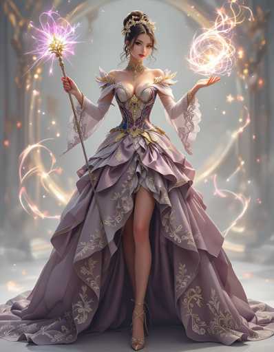 A woman is depicted wearing a purple and gold dress with a large train and holding a wand with a golden handle. The background features a circular window with a gold frame that glows with light, creating an ethereal atmosphere.