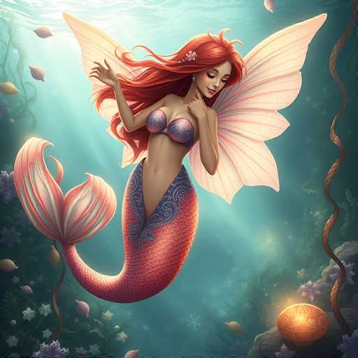 The image depicts a detailed, computer-generated mermaid with long, flowing red hair adorned with a pink flower. She has large, delicate white wings with pink veins and a purple bra-like top. Her mermaid tail is red with blue swirls and has two distinct fins at the end. The mermaid is positioned centrally in the image, looking down towards the bottom right corner. Surrounding her is a vibrant underwater scene with various elements: to the left, there are green plants and a few fish swimming near the surface; to the right, there's a brown, glowing treasure chest with a rope-like object extending from it. The background features a mix of blue water, green plants, and white flowers, creating a magical, ethereal atmosphere. The overall color palette includes shades of blue, green, pink, purple, and brown, enhancing the enchanting underwater setting.