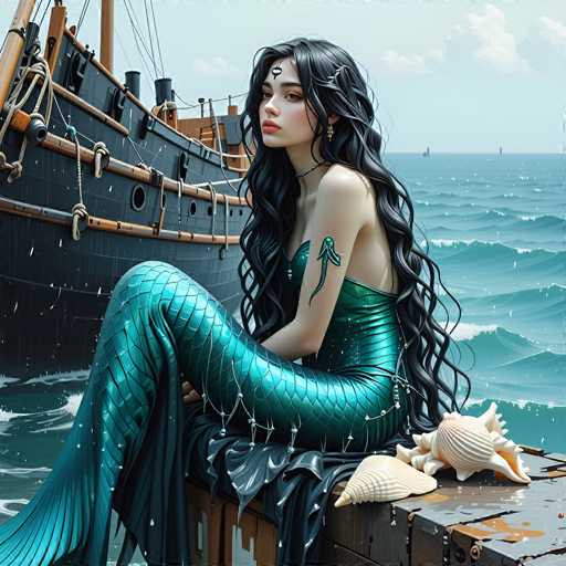 This image portrays a detailed, computer-generated illustration of a mermaid seated on a wooden crate at the edge of a dock. The mermaid, with long, wavy black hair cascading down her back, is adorned in a shimmering teal dress that transitions into scales from her waist down to her tail. She has a distinctive black circle with a white dot on her forehead, reminiscent of a third eye, and a matching teal tattoo of a jellyfish on her left arm. Her expression is serene, with pink lips and a slight gaze to the left. The crate she sits on is gray with brown accents, and it is decorated with large white seashells. Behind her, a black ship with brown trim and ropes is visible, floating on a vast, blue ocean. The sky above is a light blue with scattered white clouds, and in the distance, two indistinct structures can be seen on the horizon. The overall scene exudes a tranquil, yet mystical atmosphere, blending elements of fantasy and maritime imagery.