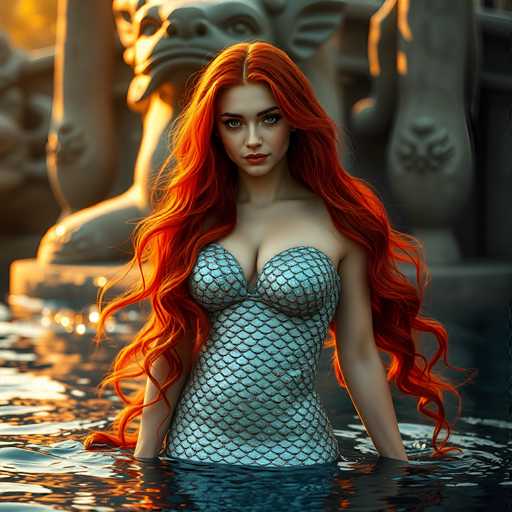 A captivating image of a mermaid with long, flowing red hair that cascades down to her waist. She is adorned in a shimmering silver dress that accentuates her curves, featuring a fish scale pattern that adds a touch of mystique. The mermaid's striking green eyes and full lips are highlighted by her fair complexion. She stands serenely in the water, with her arms gently resting at her sides. Behind her, a majestic stone statue of a lion stands tall, adding an element of grandeur to the scene. The water around her is calm, reflecting the tranquil ambiance of the setting.