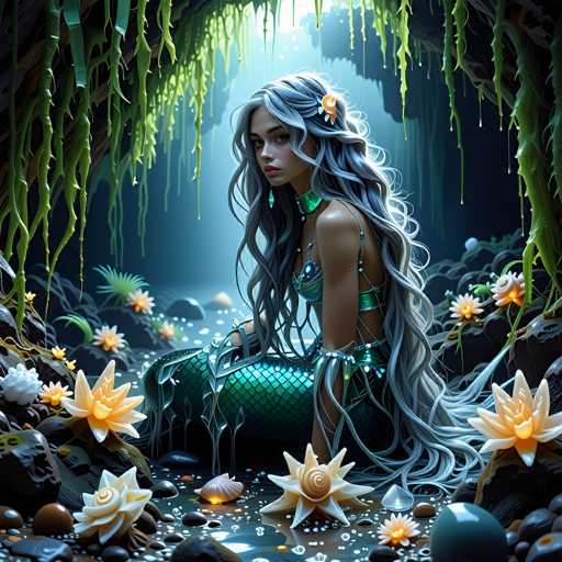 This digital illustration depicts a mermaid with long, flowing gray hair adorned with a yellow flower. She is seated on a rocky surface at the bottom of a dark, cavernous body of water, surrounded by vibrant orange and yellow flowers. Her upper body is human-like, clothed in a green, scale-patterned top, while her lower body transitions into a fish tail. The mermaid's tail is green with a scaly texture, and she wears a green choker around her neck. She gazes to the left, her expression serene. The scene is illuminated by light filtering down from the top of the cave, highlighting the mermaid and the surrounding flora. The overall atmosphere is mystical and enchanting, with the mermaid appearing both beautiful and melancholic.