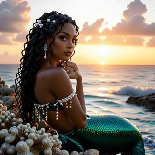 This image portrays a striking mermaid with dark skin and long, curly black hair adorned with silver beads and pearls. She is seated on a coral reef, her upper body bare except for a green strap around her waist and a silver band around her upper arm. The mermaid's fish-like lower body is a vibrant green, blending seamlessly with the ocean around her. She wears elegant silver earrings and has her right hand raised to her chin, gazing directly at the viewer. The background features a serene ocean with gentle waves, a sunset casting a warm glow, and clouds tinged with orange and yellow hues. The overall scene is a harmonious blend of natural elements and the mermaid's ethereal presence, creating a captivating and detailed composition.