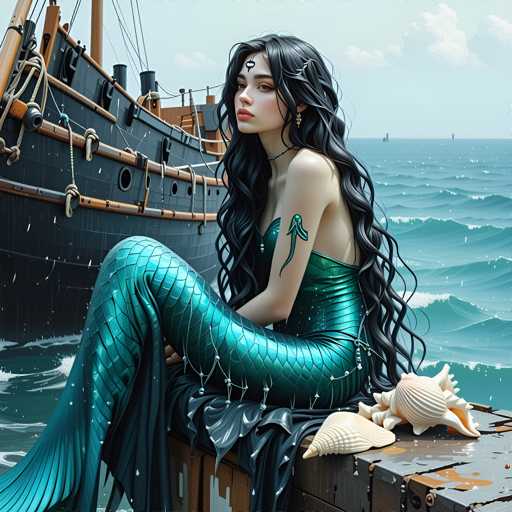 A woman with long dark hair is sitting on a wooden pier next to a ship. She is wearing a mermaid tail and holding a shell. The background shows the ocean and sky.