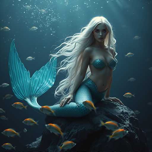 The image depicts a highly detailed, computer-generated scene of a mermaid sitting on a large, dark gray rock at the bottom of the ocean. The mermaid has long, flowing white hair that cascades down to her waist, and she is wearing a blue, scale-patterned bikini top and bottom. Her tail is a striking turquoise blue, with two fins extending from the back. She gazes directly at the viewer with a serious expression, her hands resting on the rock beside her. Surrounding her are numerous small fish, predominantly orange and yellow in color, swimming in various directions. The water around her is a deep blue, with bubbles rising from the top left corner, adding to the underwater ambiance. The overall scene is bathed in a dark blue hue, enhancing the serene yet mysterious atmosphere of the ocean depths.