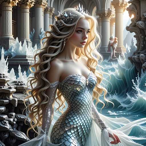 The image depicts a highly detailed, computer-generated scene reminiscent of a fantasy video game or animated movie. At the center stands a striking mermaid with long, curly blonde hair cascading past her waist. She wears an elaborate silver tiara adorned with blue jewels, and her dress is crafted from shimmering silver scales that cover her torso and chest. The mermaid's arms are encased in silver sleeves that extend from her shoulders to her wrists, and she holds a flowing white cape in her hands. Her expression is one of contemplation as she gazes off to the right.

The background features a grand, ancient structure with towering white columns and arches, evoking the architecture of classical Greek or Roman temples. The scene is set amidst a tumultuous sea, with waves crashing dramatically against the stone walls and pillars. To the right of the mermaid, a man and a woman stand on a stone ledge, embracing each other. The man is dressed in a white outfit, while the woman wears a red dress. The overall atmosphere is one of grandeur and mystique, blending elements of fantasy and ancient mythology.