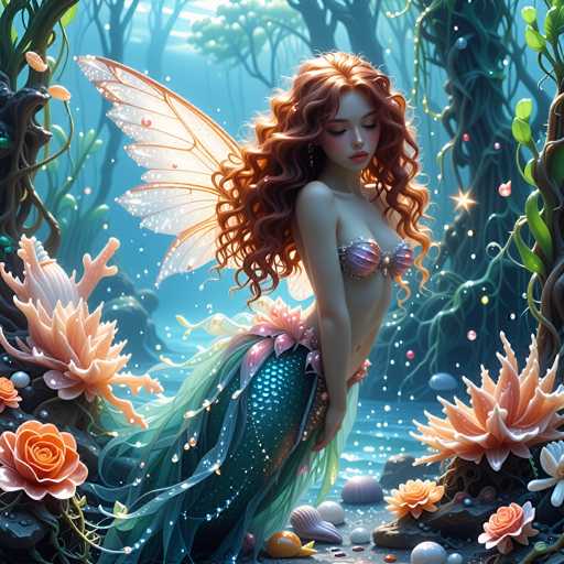 This is a detailed digital illustration of a mermaid with long, curly red hair cascading down her back. She is depicted in a side profile, facing to the right, with her head slightly turned towards the viewer. Her eyes are closed, and her lips are painted a vibrant red. She wears a seashell bra adorned with pink and purple hues, and her tail is a mesmerizing blend of blue and green, decorated with white dots and pink flowers. Her delicate white wings, outlined in gold, extend from her back. The mermaid stands on a sandy beach, surrounded by pink and orange flowers, seashells, and rocks. The background features a serene blue water and a forest of trees, adding to the enchanting underwater atmosphere.