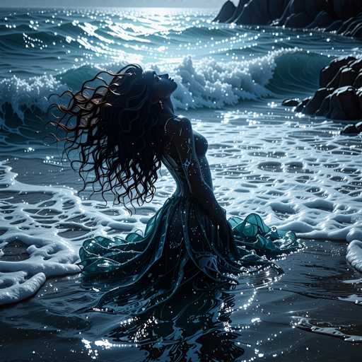 The image depicts a surreal, computer-generated scene of a woman standing in the shallow waters of a beach. The woman, who has long, dark, wavy hair cascading down to her waist, is dressed in a flowing, blue dress that appears to be made of water or glass. She stands with her back to the viewer, her head tilted upwards, gazing towards the sky. Her hair and dress seem to be gently swaying in the breeze, with the water around her shimmering white, creating a striking contrast against the dark blue of the ocean. The beach itself is a mix of dark sand and scattered rocks, with the waves lapping at her feet. The overall atmosphere is one of tranquility and mystery, enhanced by the ethereal quality of the woman's dress and her serene posture.