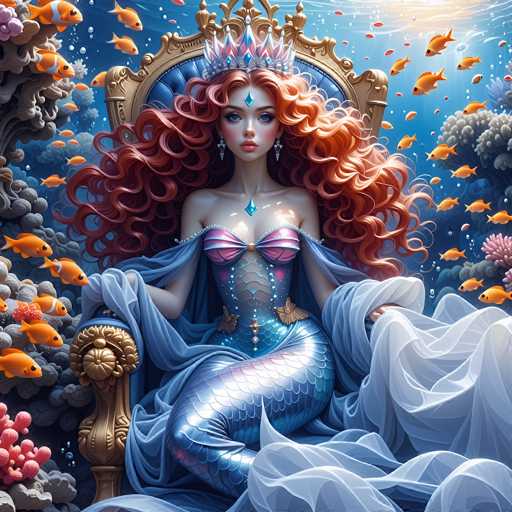 This is a detailed, computer-generated illustration of a mermaid sitting regally on a golden throne with a blue cushion. The mermaid has long, curly red hair cascading down to her waist and is adorned with a silver crown featuring blue and pink jewels. Her blue eyes gaze directly at the viewer, and she wears a diamond-shaped blue jewel on her forehead. She is dressed in a pink and blue strapless top that resembles a bra, with a blue corset-like garment underneath. Her lower body is covered in shimmering blue and silver scales, and she wears a flowing blue cape that drapes around her. The mermaid's arms rest on the armrests of the throne, which is decorated with a gold lion head at the top. Surrounding her are vibrant orange and yellow fish, and the background is filled with colorful coral in shades of pink, blue, and gray. The scene is set underwater, with bubbles rising from the bottom, adding to the magical and serene atmosphere.