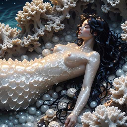 The image depicts a highly detailed, computer-generated 3D rendering of a mermaid lying on her back in a bed of white pearls and pale, cream-colored coral. The mermaid's upper body is human-like, with long, wavy black hair cascading down to her waist and a pale, translucent skin that shimmers with a pearl-like glow. Her breasts are exposed, with pink nipples visible. The lower half of her body transitions into a fish-like tail, adorned with intricate scales that are white and cream-colored, giving the impression of wetness. The mermaid's eyes are closed, and her head is tilted slightly to the left, with her long black hair flowing behind her. The background features a dark blue, almost black water, adding depth to the scene. The overall composition is rich in detail, with the mermaid's skin and tail scales reflecting light, enhancing the ethereal quality of the image.