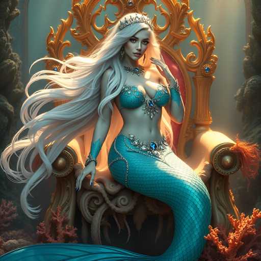 This image depicts a mermaid seated on an ornate, golden throne adorned with intricate carvings and red velvet accents. The mermaid has long, flowing white hair cascading down to her waist and is adorned with a silver tiara studded with blue jewels. Her attire includes a blue bikini top and a matching tail that extends into a long, flowing fin. She wears a silver necklace with a prominent blue gem, blue bracelets on her wrists, and a belt around her waist decorated with blue jewels. Her fingernails are painted blue, and she has a serious expression as she gazes directly at the viewer. The background features a grayish-blue hue with hints of orange coral and rock formations, enhancing the underwater ambiance. The overall scene is richly detailed, with the mermaid's blue and silver accessories contrasting beautifully against the golden throne and the aquatic surroundings.