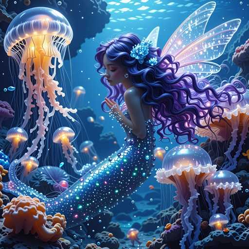 A mermaid with long purple hair is depicted as a figure floating on the ocean floor surrounded by jellyfish and coral reefs. The background features a deep blue color with white and orange hues from the jellyfish and coral.
