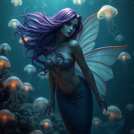 This digital artwork depicts a mermaid with long, flowing purple hair that appears to be moving in the water. She has a serene expression and is looking to her left. The mermaid is topless, adorned with a blue bra-like top that has a chain around her waist. Her lower body transitions into a fish-like tail, which is blue and scaly. She also has delicate, light blue wings with pink edges on her back. The background is a deep blue, filled with numerous glowing jellyfish that have orange centers, creating a magical underwater ambiance. The scene is set against a backdrop of coral and rocks, enhancing the ethereal quality of the image.