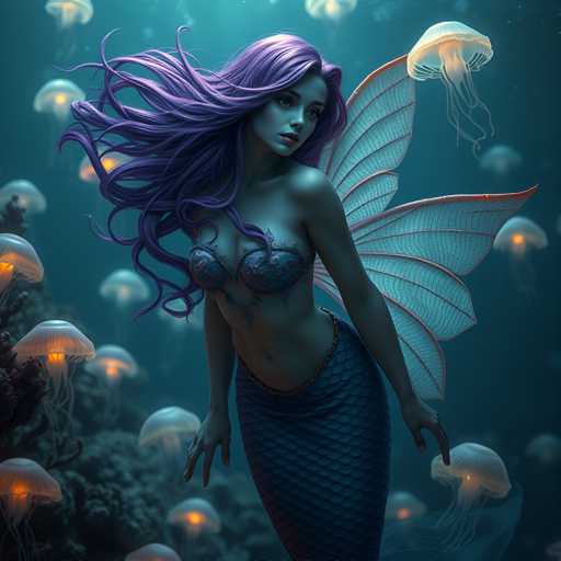 A mermaid with long purple hair and a blue tail is standing on the ocean floor surrounded by jellyfish of various sizes and colors including white, pink, yellow, and black.