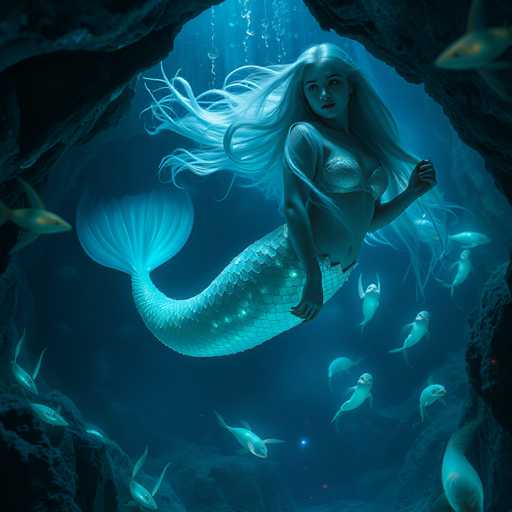 This image depicts a detailed, computer-generated scene of a mermaid in an underwater cave. The mermaid, who has long, flowing white hair and a silver, scaly tail, is positioned centrally in the image, looking slightly to the right. She is adorned with a silver bra and has her arms extended outwards. Surrounding her are numerous small fish, some of which are white with blue accents, while others are entirely blue. The cave itself is dark blue with rocky formations visible in the top left, top right, bottom left, and bottom right corners. The water is illuminated by light filtering down from above, creating a serene, ethereal atmosphere. The overall color palette includes shades of blue, white, gray, and black, enhancing the mystical underwater setting.
