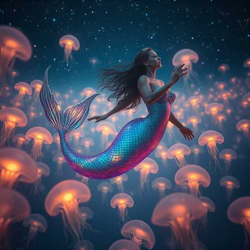 This digital artwork features a mesmerizing mermaid with long, flowing brown hair and a silver tiara adorning her head. She is positioned centrally in the image, gazing upwards towards the right. Her upper body is human-like, while her lower half transitions into a shimmering blue and pink fish tail. The mermaid's arms are extended gracefully, with her right hand reaching out and her left arm bent at the elbow, palm facing up. Surrounding her are numerous glowing jellyfish, their translucent bodies emitting a soft orange light. The background is a deep, dark blue, reminiscent of the night sky, dotted with twinkling stars. The overall scene is bathed in a magical glow, with the jellyfish's light reflecting off the mermaid's scales, creating a captivating and ethereal atmosphere.