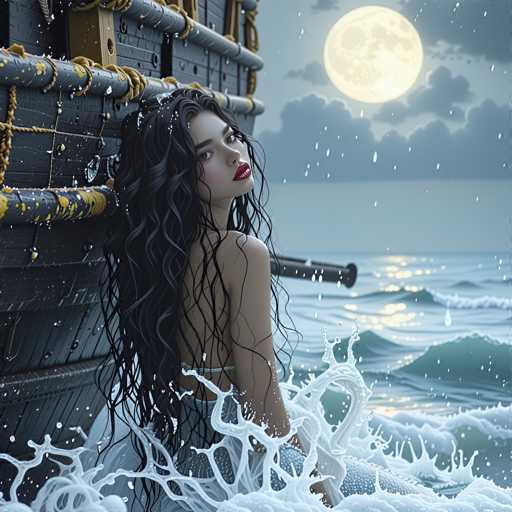 This AI-generated image depicts a young woman with long, wavy black hair cascading down her back. She is dressed in a strapless white top, which appears to be made of a flowing fabric. The woman is positioned with her back against the side of a large, old-fashioned wooden ship, which is dark brown with black accents and adorned with ropes. The ship's side features a prominent metal pole extending from it. 

The scene is set at night, under a sky filled with dark gray clouds. A large, luminous full moon casts a soft glow over the entire image, illuminating the woman's face and the surrounding water. The ocean around her is a deep blue, with waves crashing dramatically against her legs, creating white splashes and foam. The water appears to be splashing up around her, adding to the dynamic and somewhat surreal atmosphere of the image.