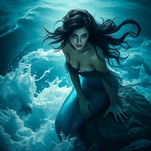 The image depicts a mermaid with long, dark hair and striking blue eyes, standing on a large rock amidst a tumultuous ocean. Her upper body is human-like, adorned with a sheer black top that drapes over her shoulders and chest, while her lower body transitions into a fish-like tail covered in blue scales. The mermaid's hands rest on the rock, and she gazes directly at the viewer with a serious expression. The surrounding water is a mix of dark and light blue hues, with waves crashing around her, creating a dynamic and somewhat ominous atmosphere. The overall scene is rendered in a dark, bluish tint, enhancing the mysterious and dramatic mood of the image.