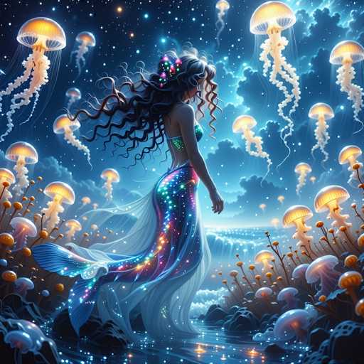 This digital artwork depicts a mesmerizing mermaid standing in shallow water, surrounded by an ethereal underwater scene. The mermaid, with her long, flowing black hair adorned with flowers, gazes to the right, her back partially turned towards the viewer. She wears a green bra and a flowing white skirt that transitions into a blue tail, decorated with vibrant, multicolored dots in shades of purple, pink, orange, and yellow. The water around her is dotted with glowing orange jellyfish, which float gracefully above her head and in the background. The sky above is a deep blue, filled with stars and clouds, adding to the dreamlike quality of the scene. The overall composition is rich in detail, with the mermaid's hair appearing almost as if it's made of stardust, blending seamlessly with the magical underwater environment.