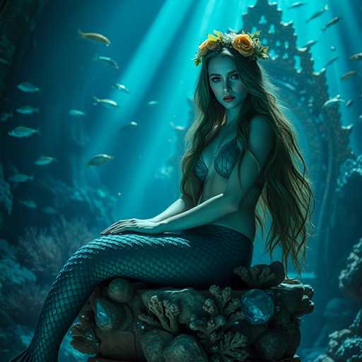 The image depicts a mermaid with long, flowing hair adorned with orange flowers and green leaves. She is wearing a blue bikini top and has a fish tail that extends down to her feet. The mermaid is seated on a rock-like structure covered in coral and adorned with a large diamond. She is looking directly at the camera with a serious expression. The background features a light blue underwater scene with sunlight filtering through the water, creating a serene ambiance. Various fish swim around her, and there is a large, ornate golden object behind her, adding to the mystical underwater atmosphere.