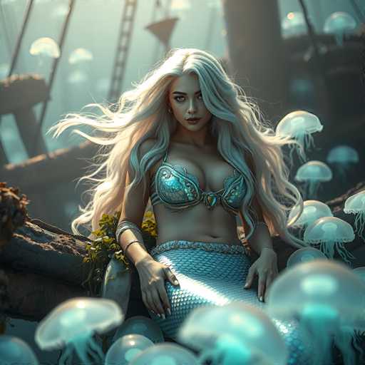 The image depicts a highly detailed, computer-generated mermaid with long, flowing white hair that cascades down to her waist. She has striking blue eyes and is adorned with a silver, scale-patterned bra that features a prominent gold gem at its center. Her lower body is covered in shimmering silver scales, and she is seated on a wooden log surrounded by lush greenery. The mermaid's left hand rests on her knee, while her right hand is placed on the log. She is enveloped by numerous translucent jellyfish, which glow with a light blue hue, creating a mystical underwater ambiance. In the background, a sunken ship with a ladder leading to its deck can be seen, adding to the scene's enchanting and mysterious atmosphere.