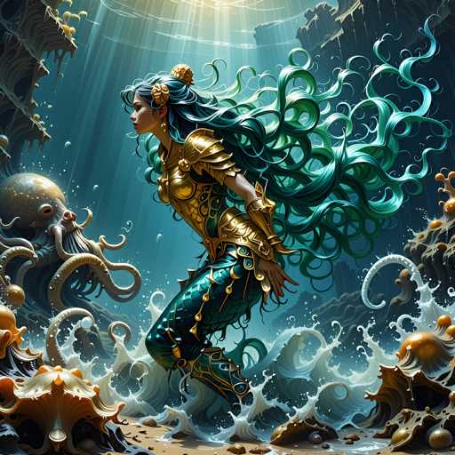 The image depicts a detailed, computer-generated scene of a mermaid standing on a sandy ocean floor, surrounded by large, brown coral formations. The mermaid, who has long, flowing green hair adorned with a gold flower and a gold barrette, is dressed in a golden armor that covers her chest and extends down to her waist. Her lower body transitions into a green fish tail, which is decorated with gold accents. She is positioned in a side profile, facing left, with her right hand resting on the ground. The scene is illuminated by sunlight streaming down from the surface of the water, creating a shimmering effect. To her left, a large octopus with a brown head and white tentacles is visible, adding to the dynamic underwater environment. The overall color palette of the image includes shades of blue, green, gold, brown, and white, enhancing the vibrant and immersive quality of the scene.