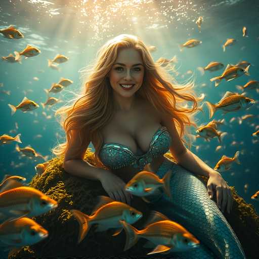 This AI-generated image depicts a mermaid with long, flowing blonde hair and a radiant smile, her teeth gleaming white. She is seated on a moss-covered rock, her silver, scale-patterned tail extending beneath her. The mermaid is dressed in a matching silver bra top, and her arms rest gracefully on the rock. Surrounding her are numerous goldfish, swimming in various directions, adding a dynamic element to the scene. The water around her is a deep blue, and sunlight pierces through the surface, casting shimmering rays that illuminate her hair and the water around her. The overall composition captures a serene underwater moment, blending the ethereal beauty of the mermaid with the vibrant life of the fish around her.