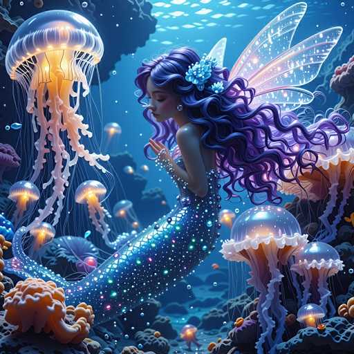 The image is a detailed, computer-generated illustration of a fairy-like mermaid with long, flowing purple hair adorned with blue flowers. She has delicate white wings and is wearing a shimmering blue dress that extends into a tail, decorated with multicolored dots and lights. The mermaid is positioned in the center of the image, facing left, with her eyes closed and her hands clasped in front of her. Surrounding her are numerous glowing jellyfish, some with a yellowish light and others with a bluish hue, creating a magical underwater ambiance. The background features a blue ocean with scattered rocks and bubbles, enhancing the ethereal and enchanting atmosphere of the scene.