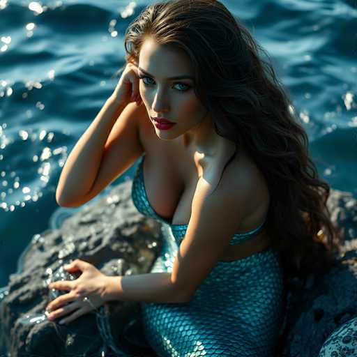 A captivating image of a mermaid with long, flowing brown hair and striking blue eyes. She is adorned in a shimmering blue top that complements her scales, which cover her entire body from the waist down. The mermaid is seated gracefully on a large, gray rock, her right hand resting on her face while her left hand is placed on the rock beside her. The background features a serene expanse of water, adding to the ethereal and enchanting atmosphere of the scene.