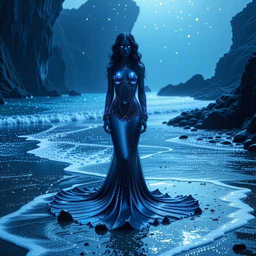 The image depicts a computer-generated, fantasy scene of a mermaid standing on a beach at night. The mermaid, who has long, wavy black hair and glowing white eyes, is dressed in a shimmering blue and purple outfit that extends from her chest down to her tail, which fans out like a peacock's tail. Her chest is adorned with blue lights, and she wears a necklace that matches the glow on her chest. The scene is set against a backdrop of a starry sky, with the ocean's waves lapping gently at the shore. The beach is flanked by rocky cliffs on both sides, and the mermaid stands in the center, looking directly at the viewer. The overall color palette of the image is dominated by shades of blue, black, and white, enhancing the mystical and ethereal atmosphere.
