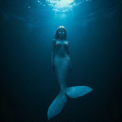 This digital artwork depicts a haunting underwater scene featuring a mermaid with long, flowing hair and glowing, bright blue eyes. The mermaid's body is covered in a scaly texture, transitioning from her human-like torso to a fish-like tail that splits into two leaf-like fins. She stands in the center of the image, her arms hanging straight down by her sides, with a serene yet eerie expression on her face. The background is a gradient of dark blue to lighter shades near the surface, where sunlight filters down through the water, creating a luminous effect around her. The overall atmosphere is dark and mysterious, with the mermaid's luminous features contrasting sharply against the deep blue water.