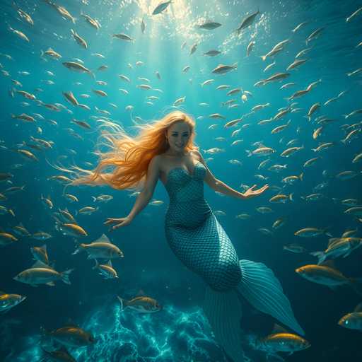 A woman with long red hair wearing a mermaid tail and holding a fish is the main subject of this image. She is surrounded by numerous small fish swimming around her head and body. The background features a deep blue ocean filled with sunlight shining down on the scene.