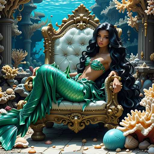 This is a highly detailed, computer-generated image of a mermaid seated on an ornate, gold throne with a white cushion. The mermaid, who has long, wavy black hair cascading down to her waist, is looking directly at the viewer. She is adorned with a green bra-like top and a matching tail that extends into a fish-like form. Her skin is a light tan, and she wears a necklace with a gold pendant. The background features a vibrant underwater scene with various shades of blue, accented by white and yellow coral formations, and a few seashells scattered on the ground. The mermaid's expression is neutral, and her posture is relaxed, with her left arm resting on the armrest of the throne and her right arm on her lap. The overall composition is rich in detail, with the mermaid's green attire and the throne's gold accents contrasting beautifully against the blue underwater backdrop.