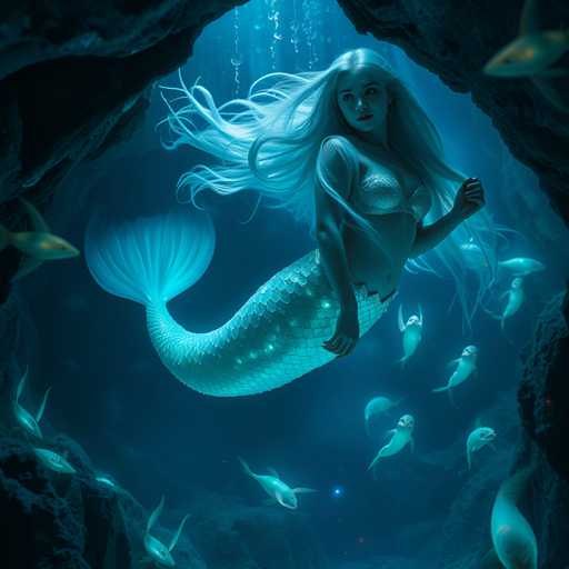 A mermaid with long blonde hair and a silver bikini top is swimming through the ocean, surrounded by fish of various sizes and colors including white, blue, yellow, and black.