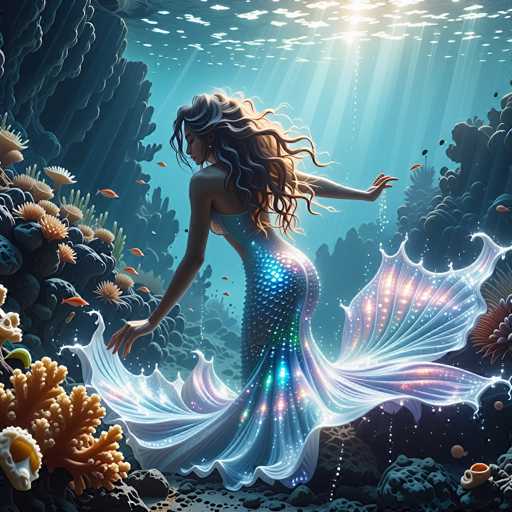 The image depicts a computer-generated, fantasy scene of a mermaid in an underwater setting. The mermaid, with long, wavy hair that transitions from dark brown to light brown and white, is positioned in the center of the image, facing away from the viewer. She is wearing a shimmering, blue sequined dress that extends into a seashell-like tail, which fans out gracefully to the right. The mermaid's arms are outstretched, and her head is turned to the left, revealing her profile. Surrounding her are vibrant orange and yellow fish, swimming amidst the blue water. The background features a rocky seafloor and coral formations, with sunlight filtering down from the surface, creating a serene and magical atmosphere. The overall color palette includes shades of blue, white, pink, orange, yellow, and brown, enhancing the enchanting underwater scene.