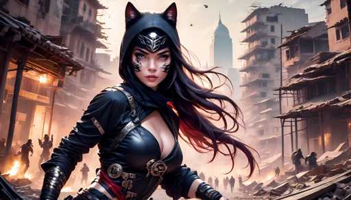 The image depicts a woman with long hair and dark makeup wearing a black outfit that includes a hooded cape and a mask. She is standing on the street of a war-torn city, surrounded by rubble and debris. The background shows buildings in ruins, indicating an ongoing conflict or war.