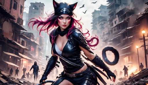 A highly detailed, digital painting in a cyberpunk style depicts a fierce female warrior-like figure with cat-themed elements. She is positioned in the foreground, facing forward with a determined expression, her body angled slightly to the left. Her long, flowing hair is a vibrant mix of deep purple and pink, styled with dramatic curls that frame her face. She wears a black leather outfit adorned with intricate details and glowing accents, including a high-necked collar and long sleeves. Her face is striking with sharp features, intense red eyes, and a bold makeup style that enhances her feline aesthetic. 

She is equipped with a weapon – possibly a staff or polearm – that extends from her left hand, and a large, glowing cat-shaped tail curls around her waist. The background is a chaotic cityscape in ruins, with dilapidated buildings and debris suggesting a post-apocalyptic or dystopian setting. Other figures can be seen in the background, also appearing as if they are engaged in conflict or navigating the ruined environment. The overall color palette is dark and moody, with contrasting highlights from glowing elements like lights on buildings and the warrior's weapon. The lighting is dramatic, casting shadows that emphasize the depth and scale of the scene. The style is highly detailed and painterly, with a focus on texture and dynamic composition.